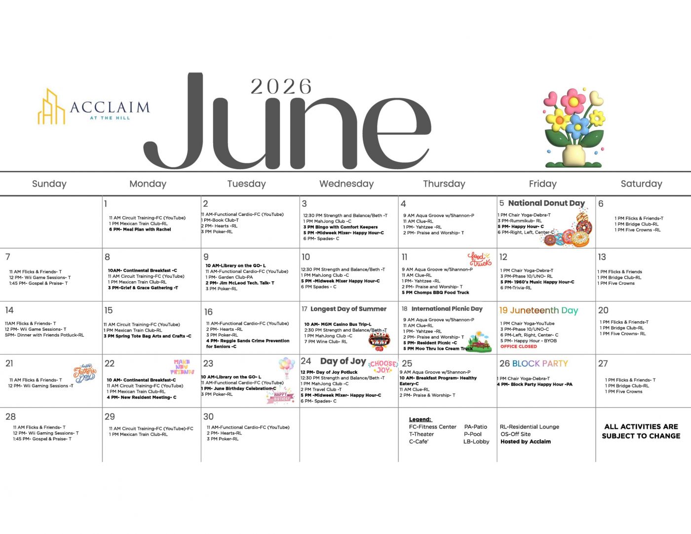 Acclaim at the Hill senior apartment homes with June 2026 calendar with events, colorful flowers on June 1, donuts on June 5, and balloons on June 28.
