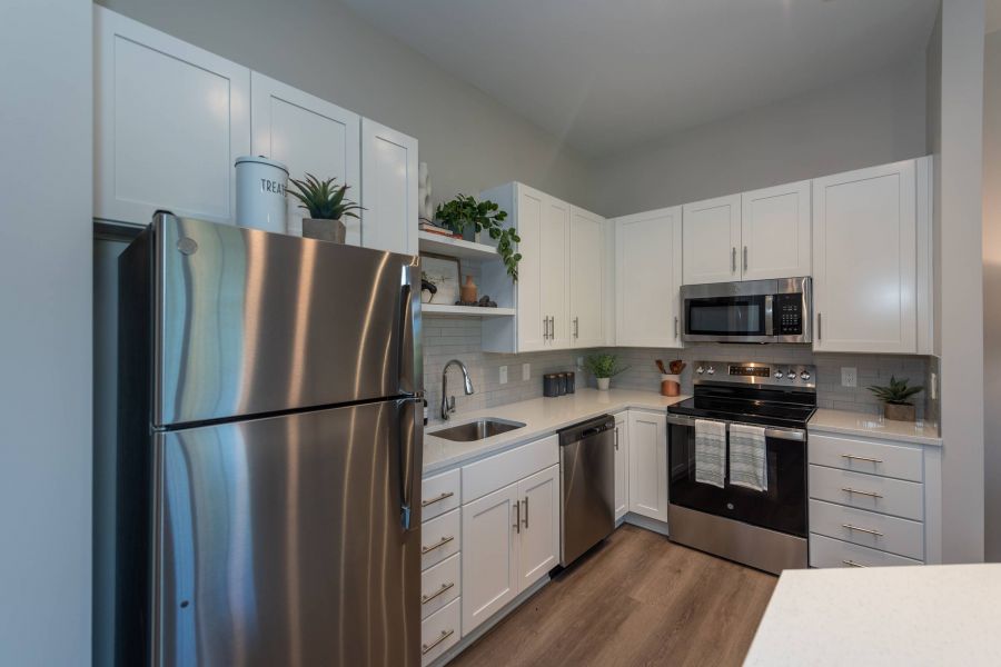 Acclaim at the Hill senior apartment homes with Modern kitchen with stainless steel appliances, white cabinets, and potted plants on shelves and counters.