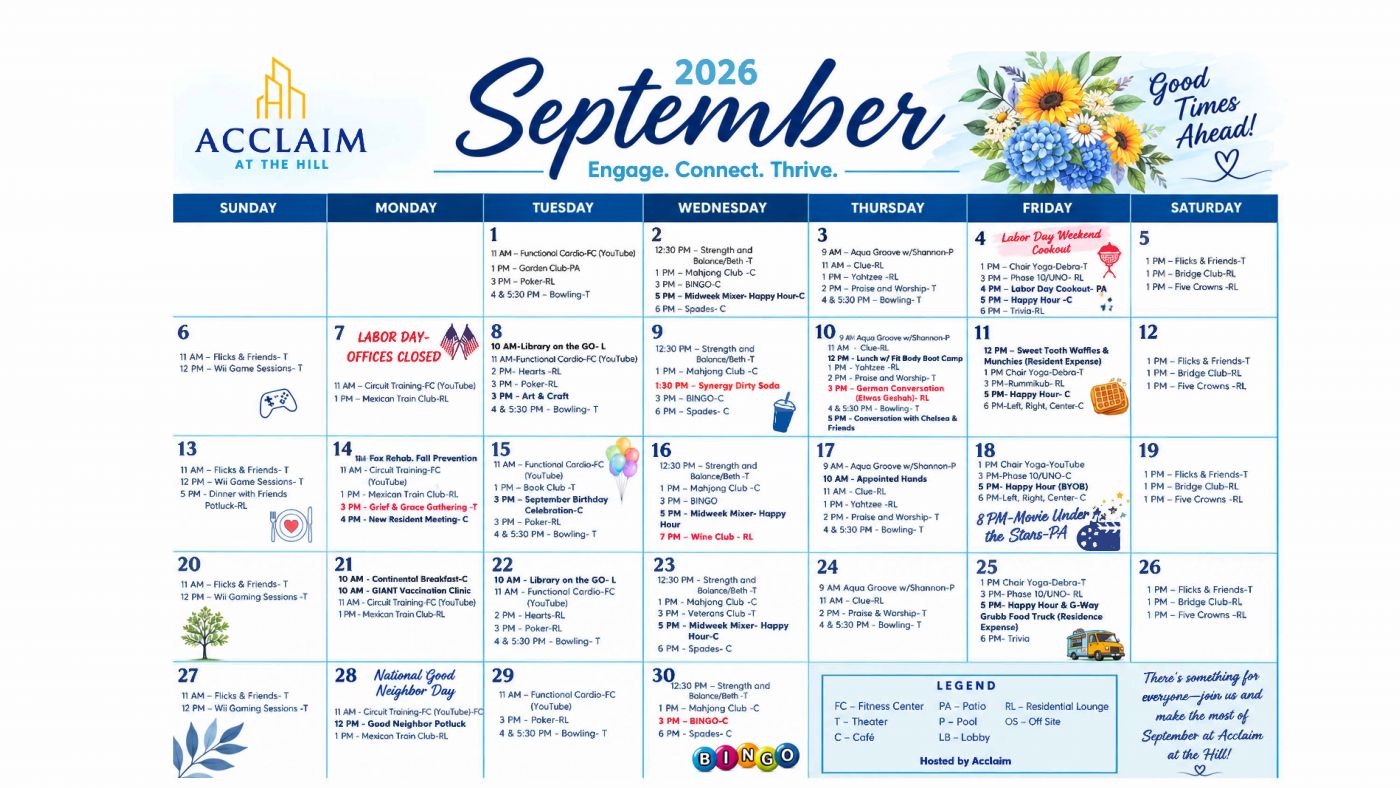 Acclaim at the Hill senior apartment homes with September 2026 activity calendar with daily events, blue and yellow accents, floral decoration, and Acclaim at The Hill branding.