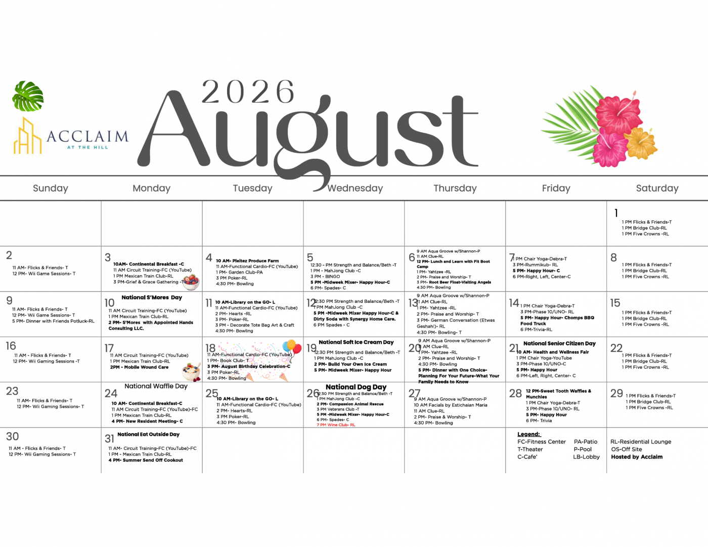 Acclaim at the Hill senior apartment homes with August 2026 calendar with events listed, floral accents, and the Acclaim at the Hill logo in the top left corner.