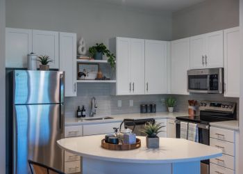 Acclaim at the Hill senior apartment homes with Modern kitchen with white cabinets, stainless steel appliances, and plants on counters and shelves.
