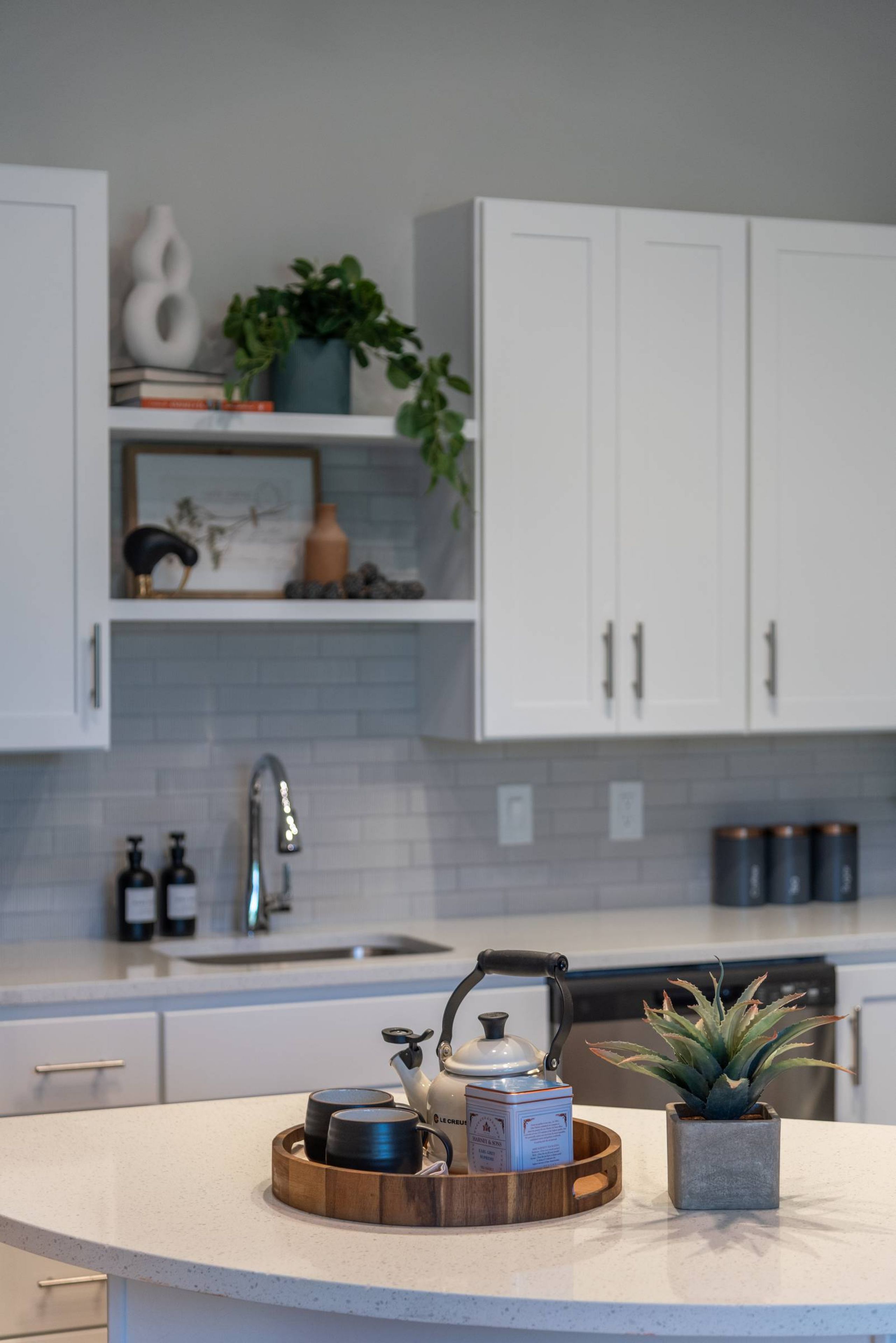 Acclaim at the Hill senior apartment homes with Modern kitchen with white cabinets, plants, a kettle and cups on a tray, and a sink in the background.
