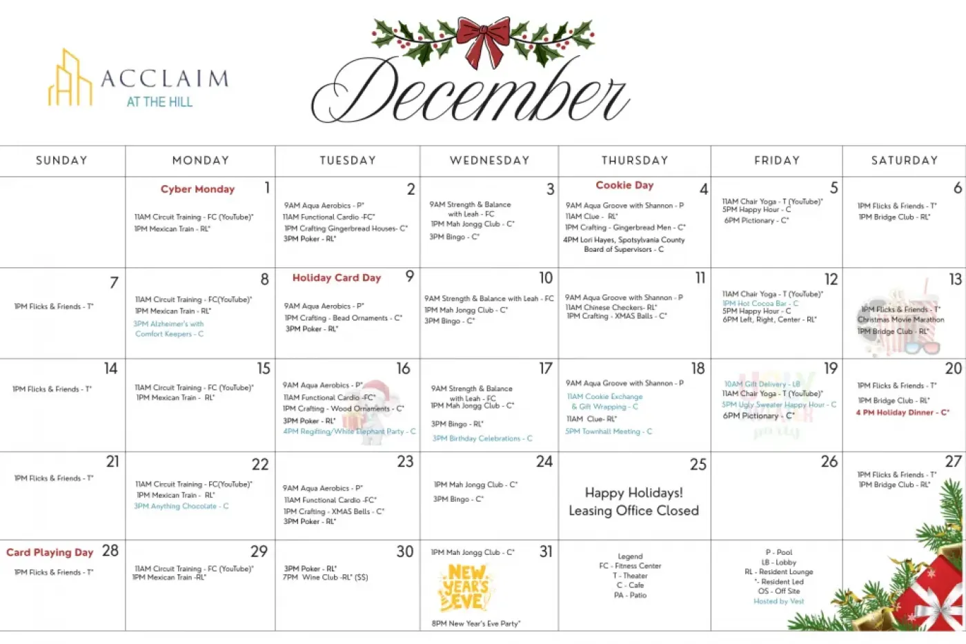 Acclaim at the Hill senior apartment homes with December calendar with holiday events and activities listed each day, decorated with greenery and a red bow.