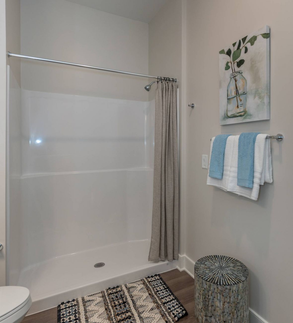 Acclaim at the Hill senior apartment homes with Modern bathroom with a shower, gray curtain, towel rack, decorative rug, and art on the wall.