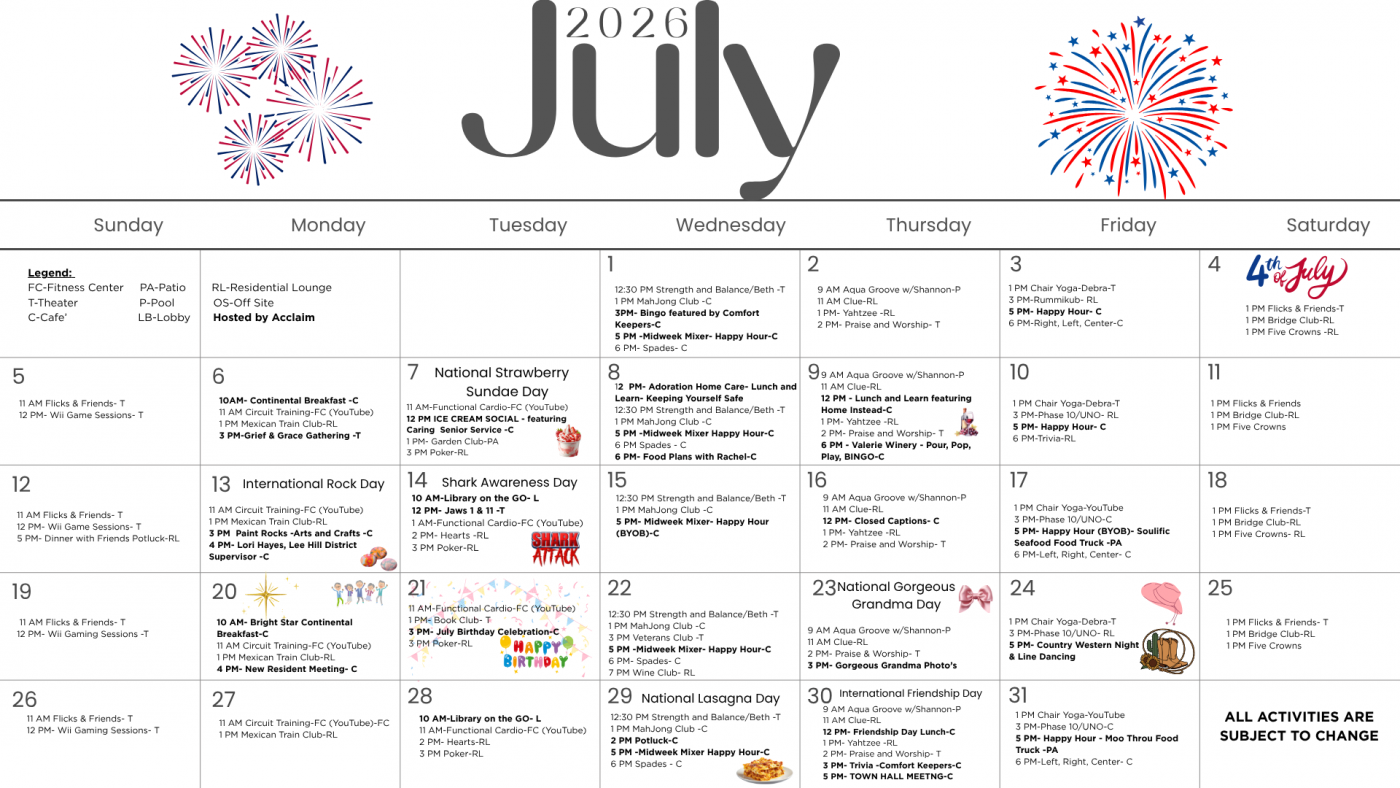 Acclaim at the Hill senior apartment homes with July 2026 event calendar with fireworks, daily activities, and special themed days displayed in a grid format.